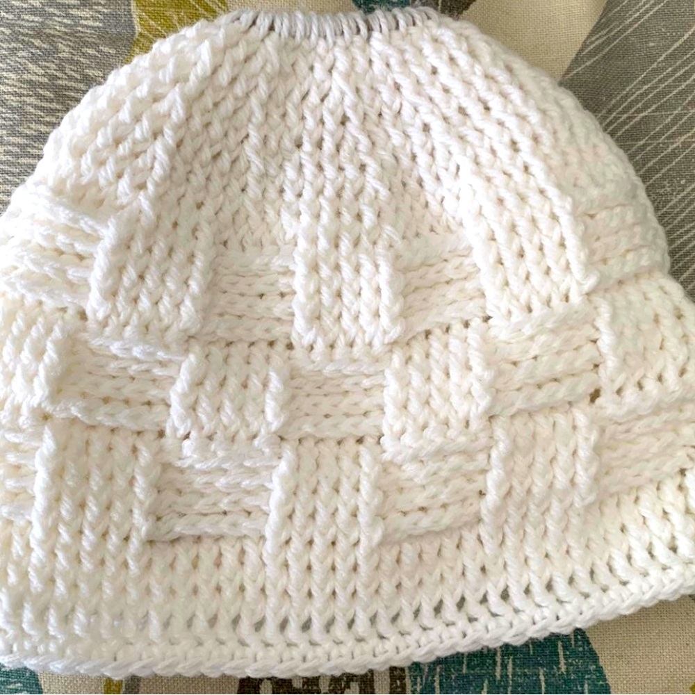 Basket weave White crochet messy bun beanie